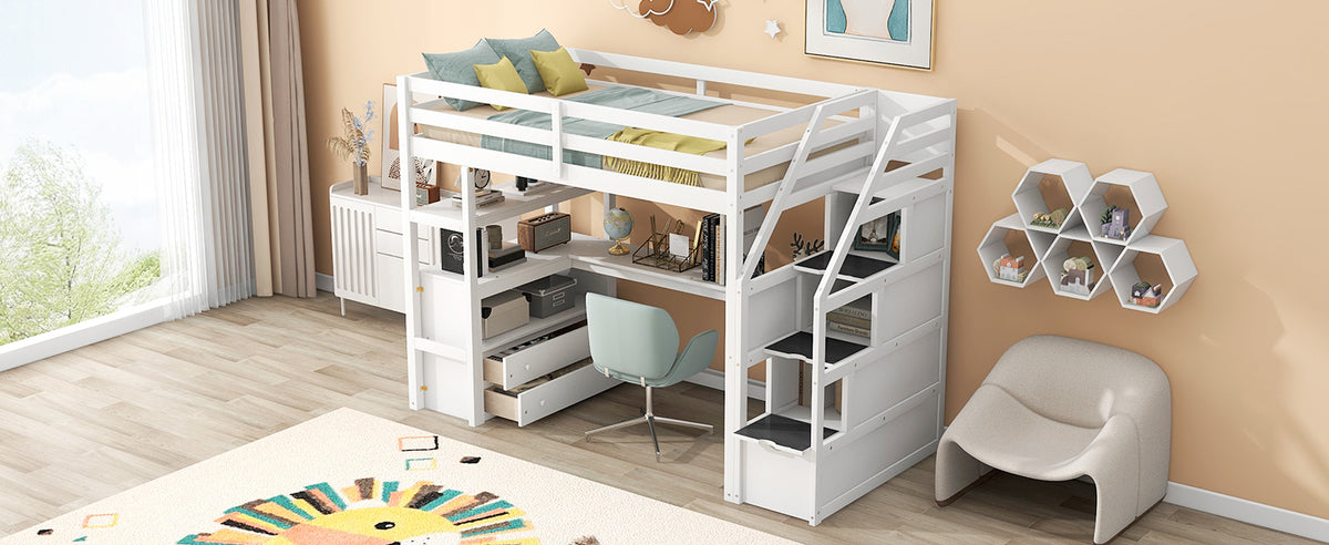 Twin Loft Bed with Storage Staircase White