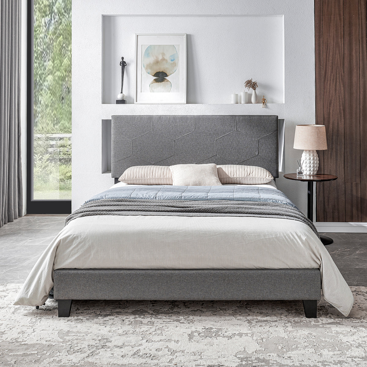 Queen Upholstered Platform Bed – Grey Upholstery