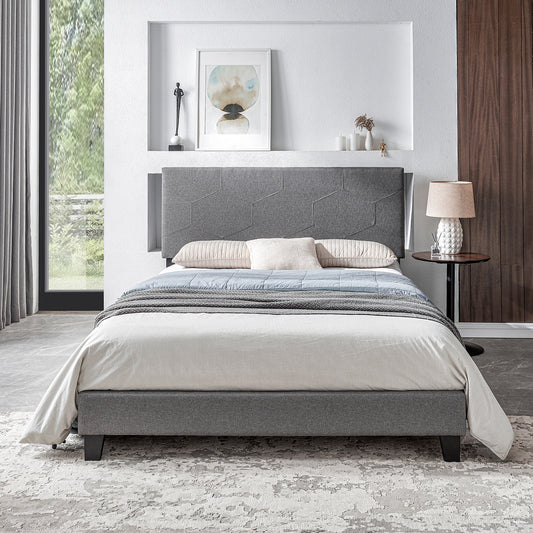 Queen Upholstered Platform Bed – Grey Upholstery