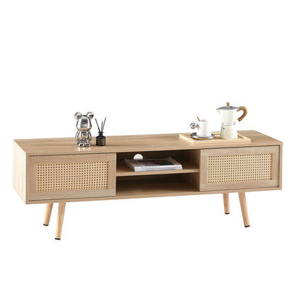 Rattan Wood TV Console – Adjustable Doors, Natural Finish