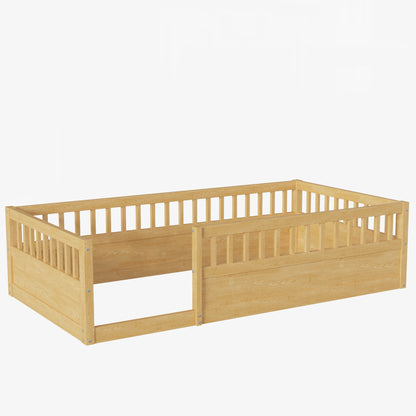 Natural Kids Floor Bed Frame with Fence