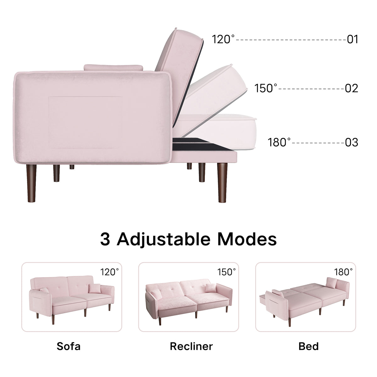 Pink Velvet Convertible Sofa Bed – Wood Legs