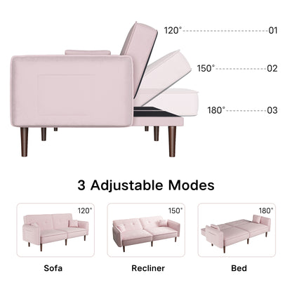 Pink Velvet Convertible Sofa Bed – Wood Legs
