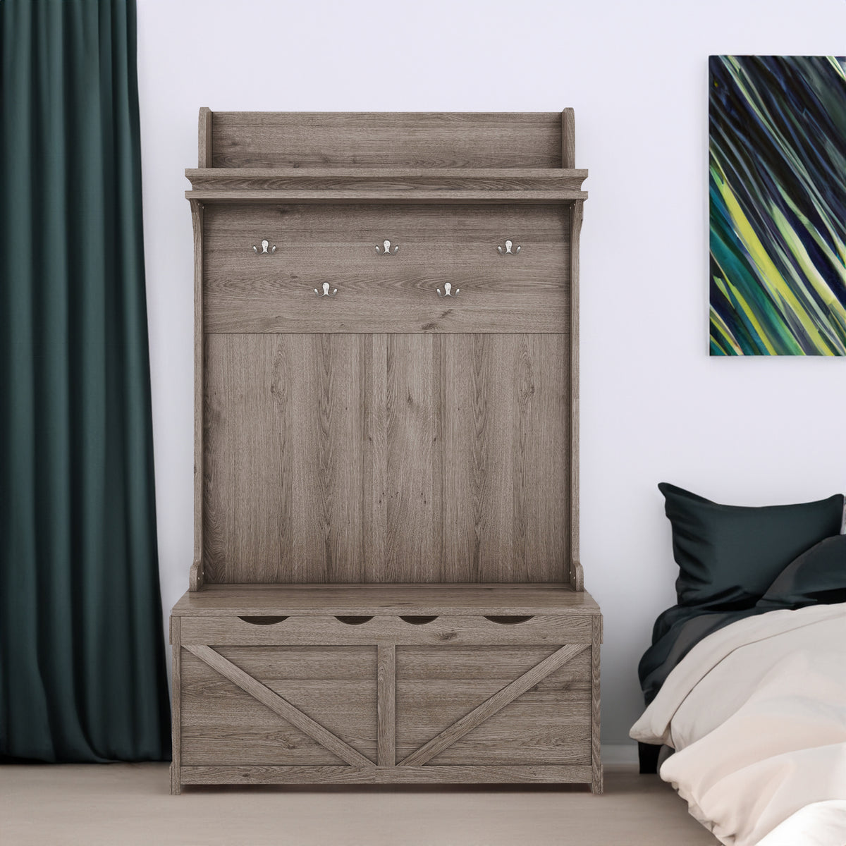 Oak Hall Tree with Hooks, Shelves, and Storage Bench