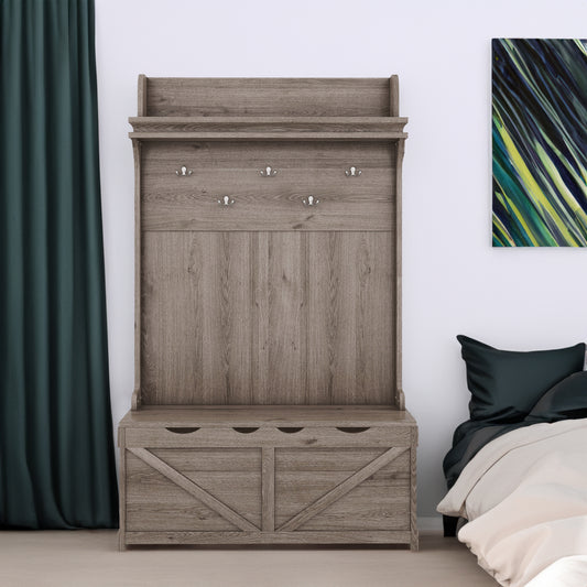 Oak Hall Tree with Hooks, Shelves, and Storage Bench
