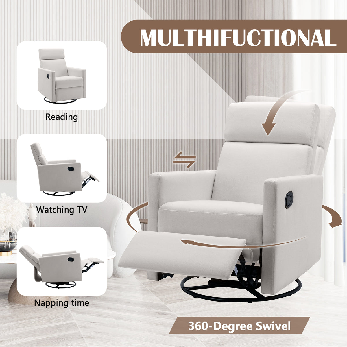Beige Modern Upholstered Rocker Recliner Chair