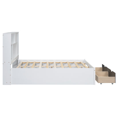 Full Platform Bed with Storage Headboard White
