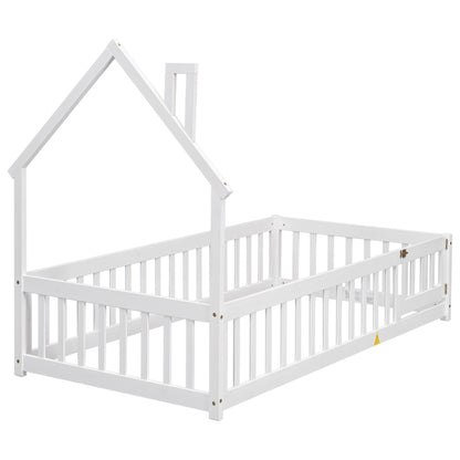 Twin Floor Bed with Fence – White Finish