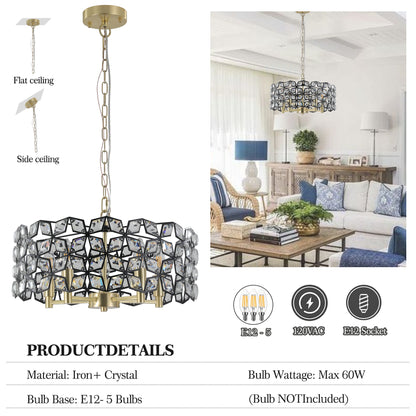 Sand Gold and Black Crystal Round Chandelier
