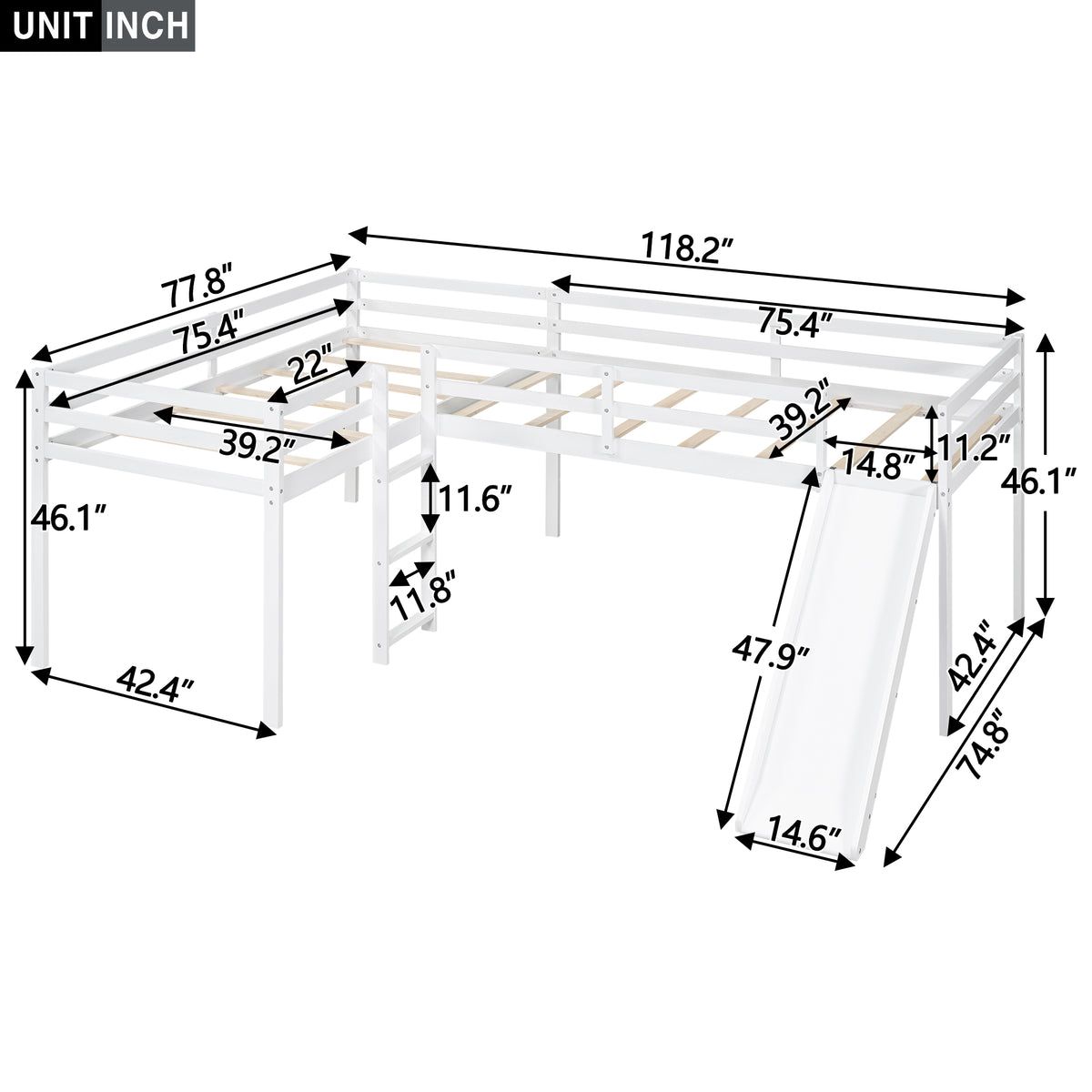 L-Shaped Twin Loft Bed with Slide White