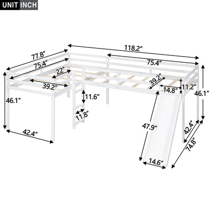 L-Shaped Twin Loft Bed with Slide White