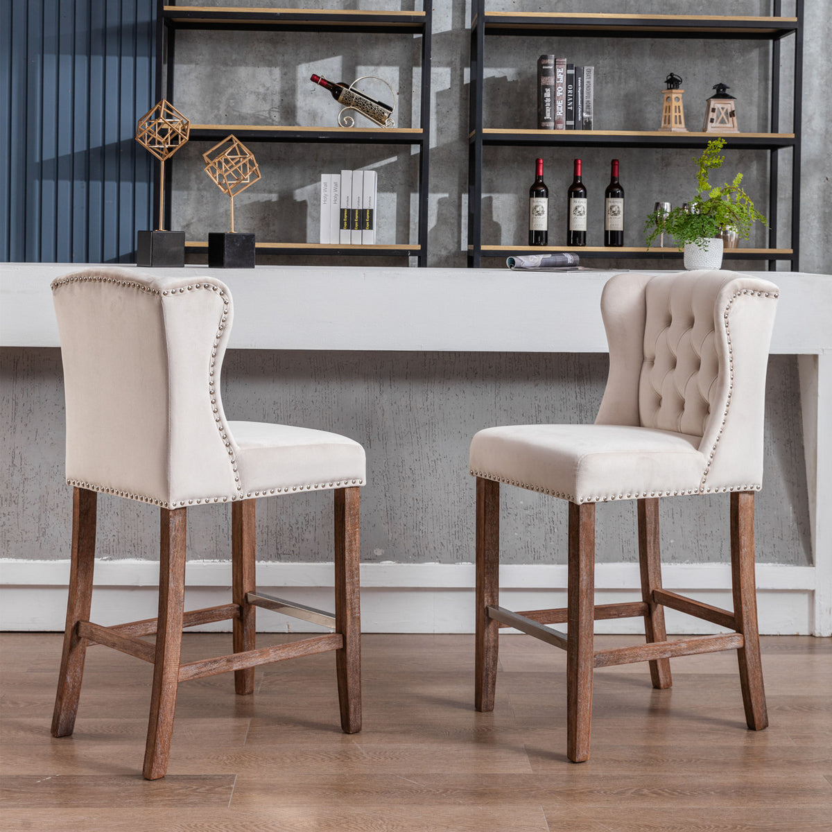 Upholstered Counter Bar Stools Set of 2 Beige