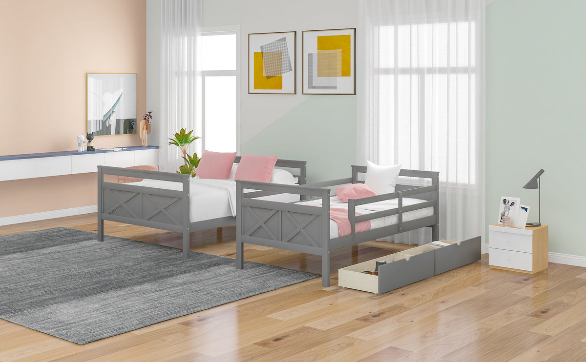 Twin Over Full Bunk Bed with Ladder Gray