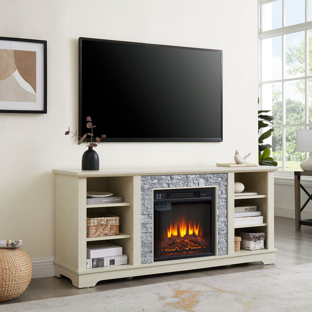 60-Inch Electric Fireplace Media Console White