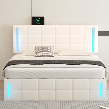 Queen Upholstered Bed with LED White