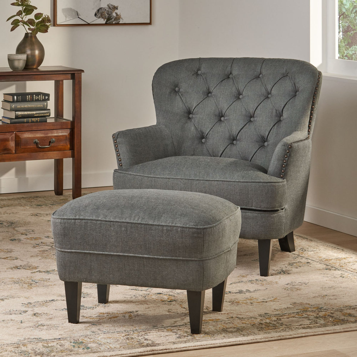 Modern Grey Fabric Club Chair with Ottoman – Upholstered Lounge Set