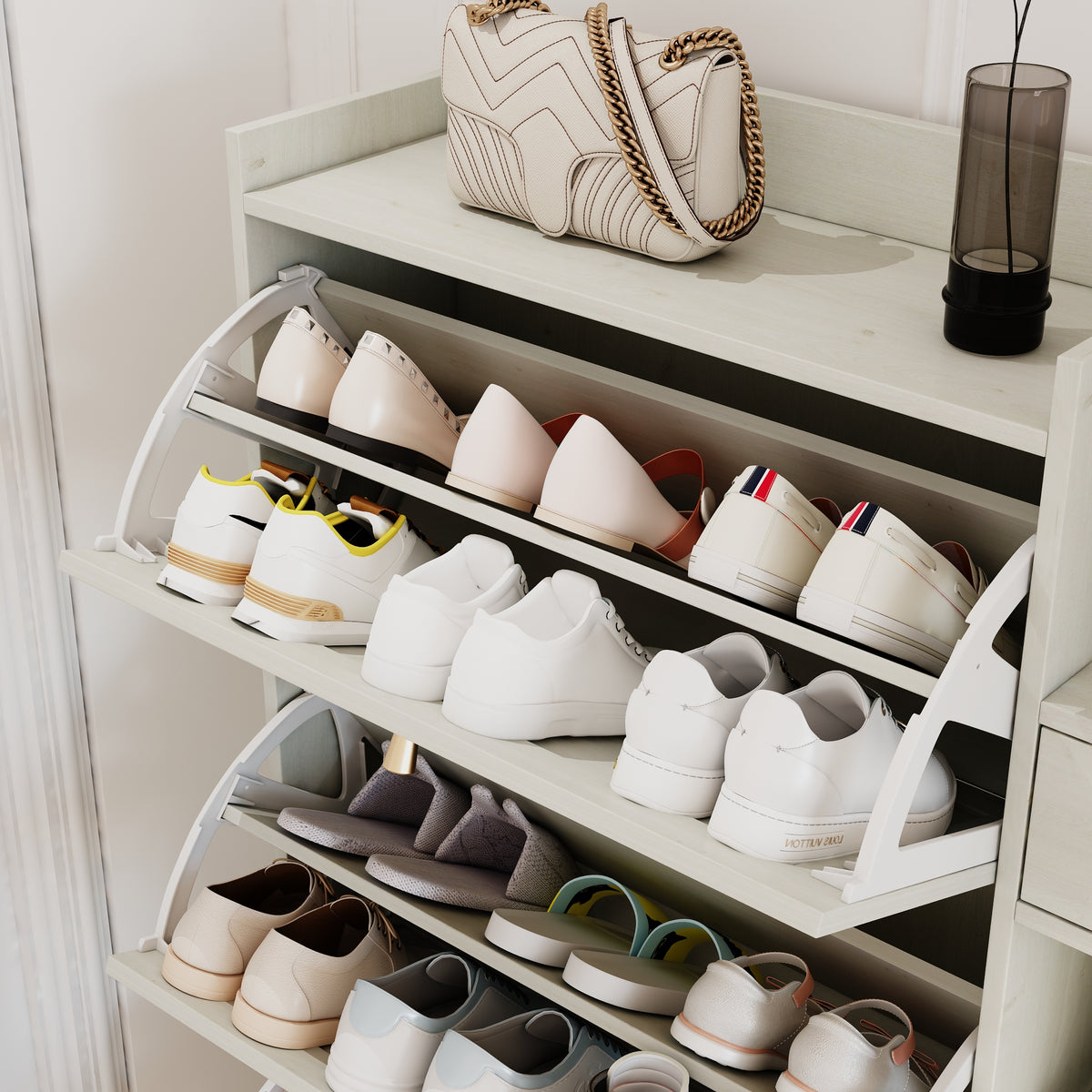 Bohemian Shoe Cabinet with Rattan Shelves White