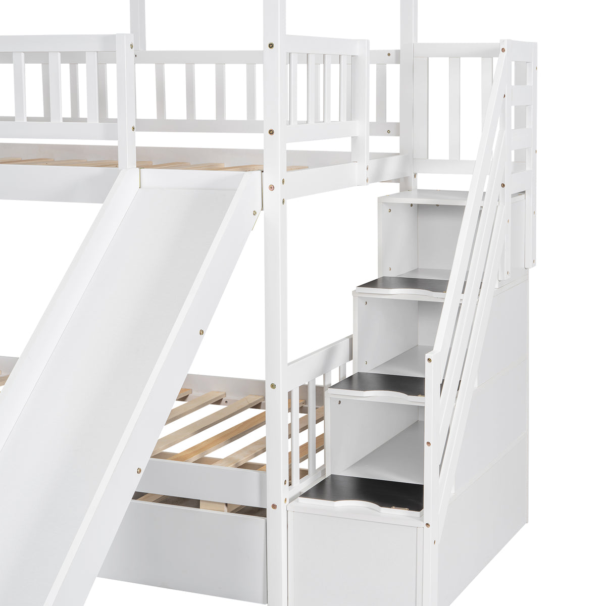 Twin Over Twin Bunk Bed with Roof Staircase White