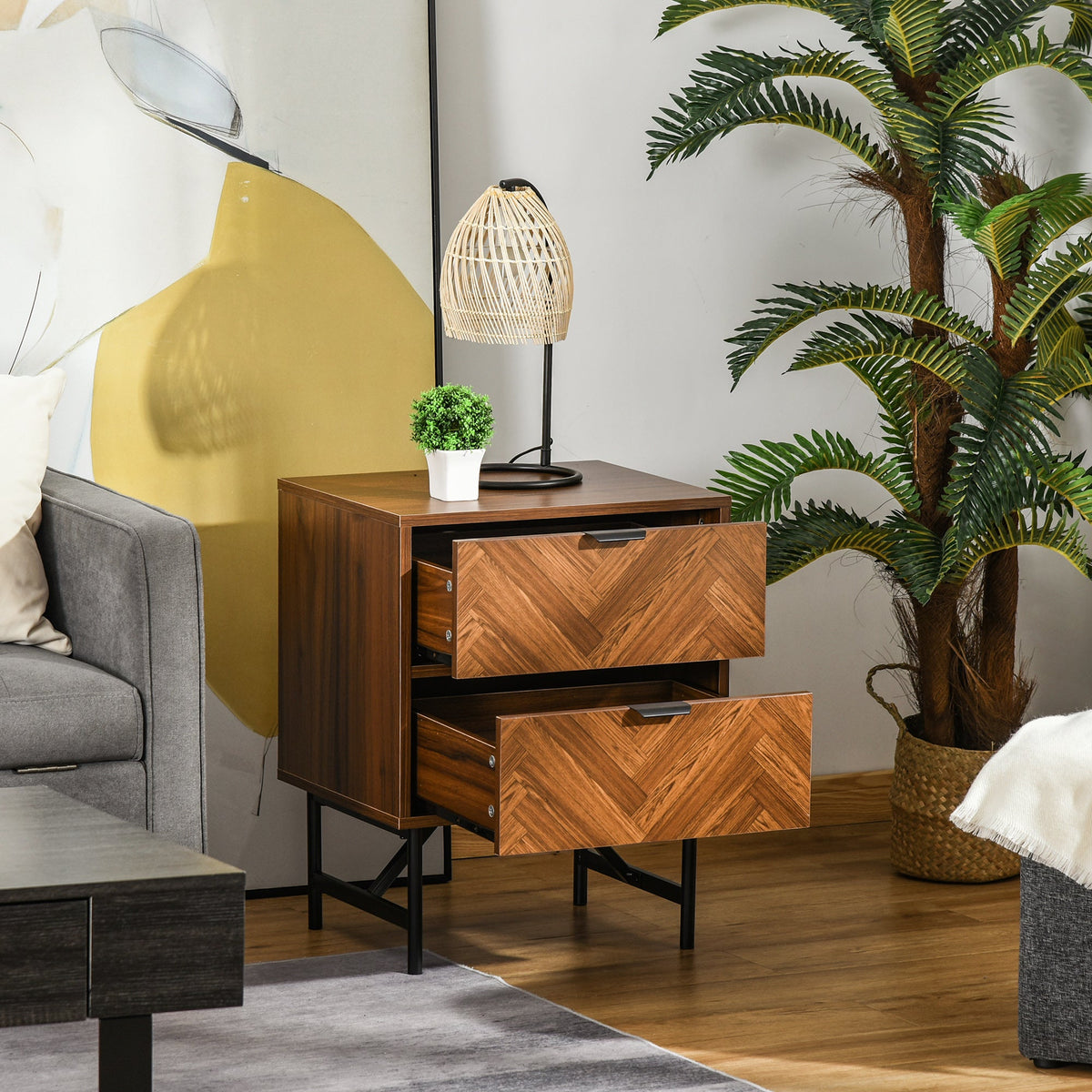 Erik Nightstand with 2 Drawers and Steel Legs-Walnut Brown