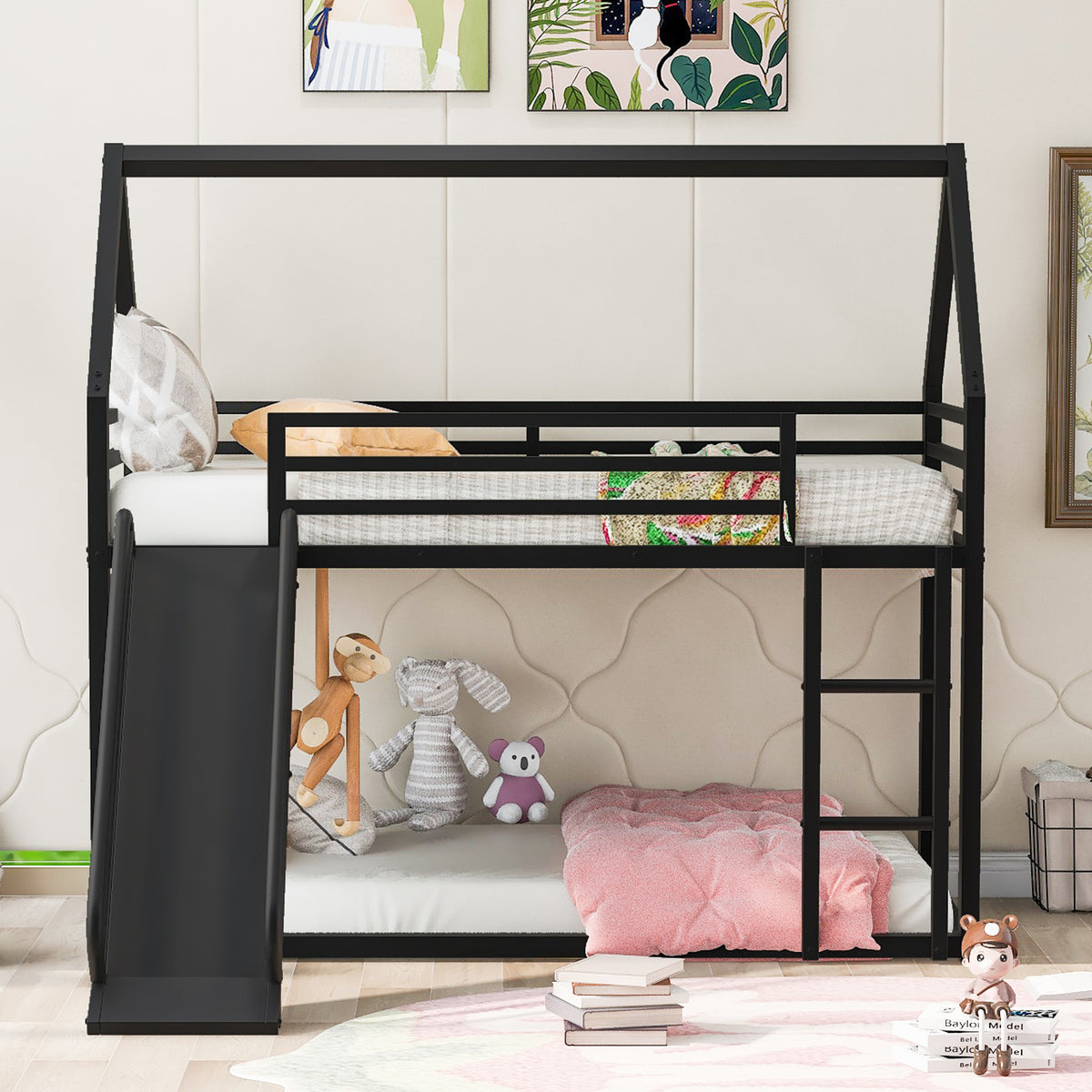 House Twin Bunk Bed with Ladder Black