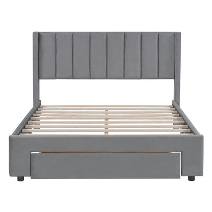 Velvet Platform Bed with Storage Drawer Gray