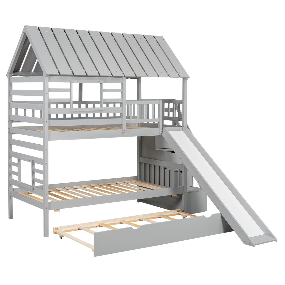 Twin Bunk Bed with Roof and Ladder Gray