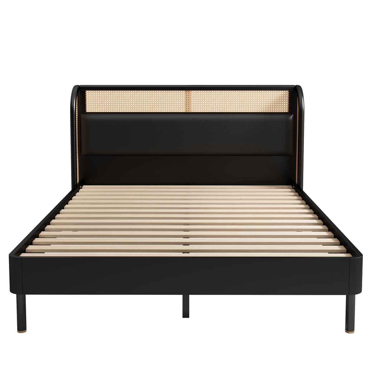 Cannage Rattan Queen Platform Bed Black Finish