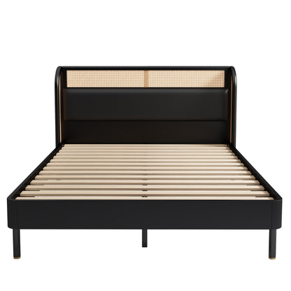 Cannage Rattan Queen Platform Bed Black Finish