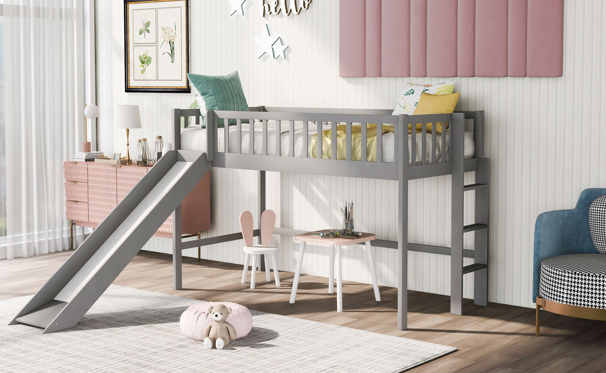 Twin Loft Bed with Ladder and Slide Gray