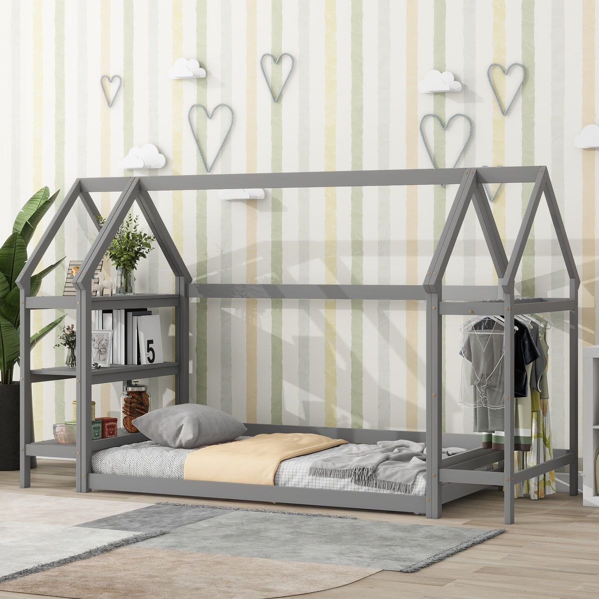 House Frame Platform Bed with Storage Gray