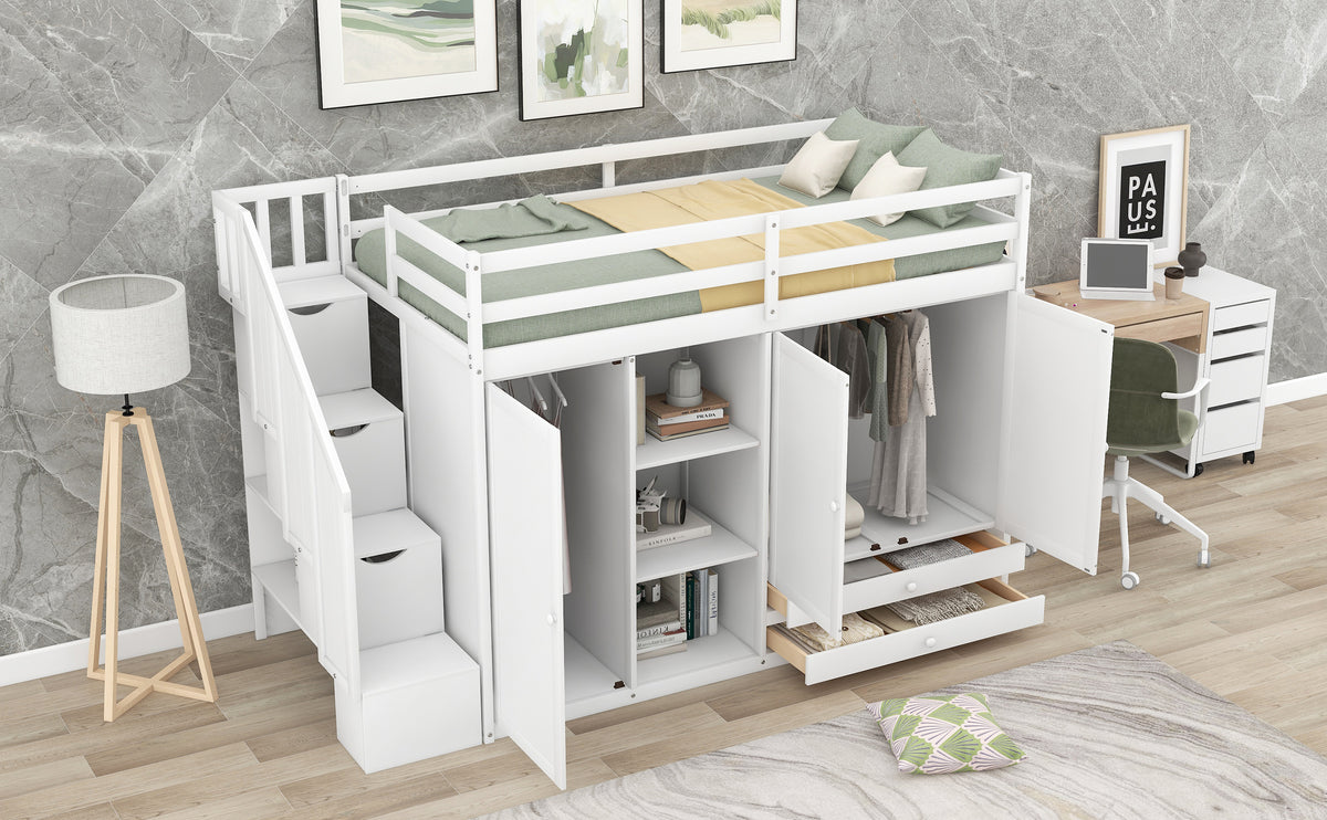 White Loft Bed with Storage and Ladder