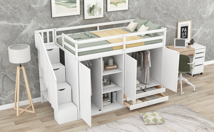 White Loft Bed with Storage and Ladder
