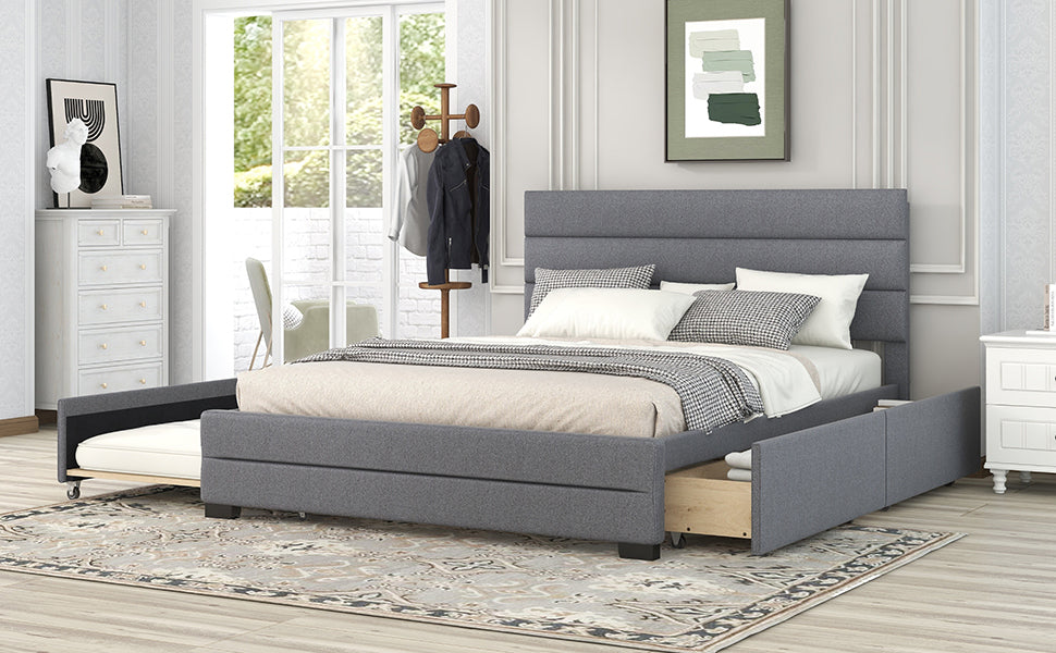 Queen Upholstered Bed with Trundle Gray