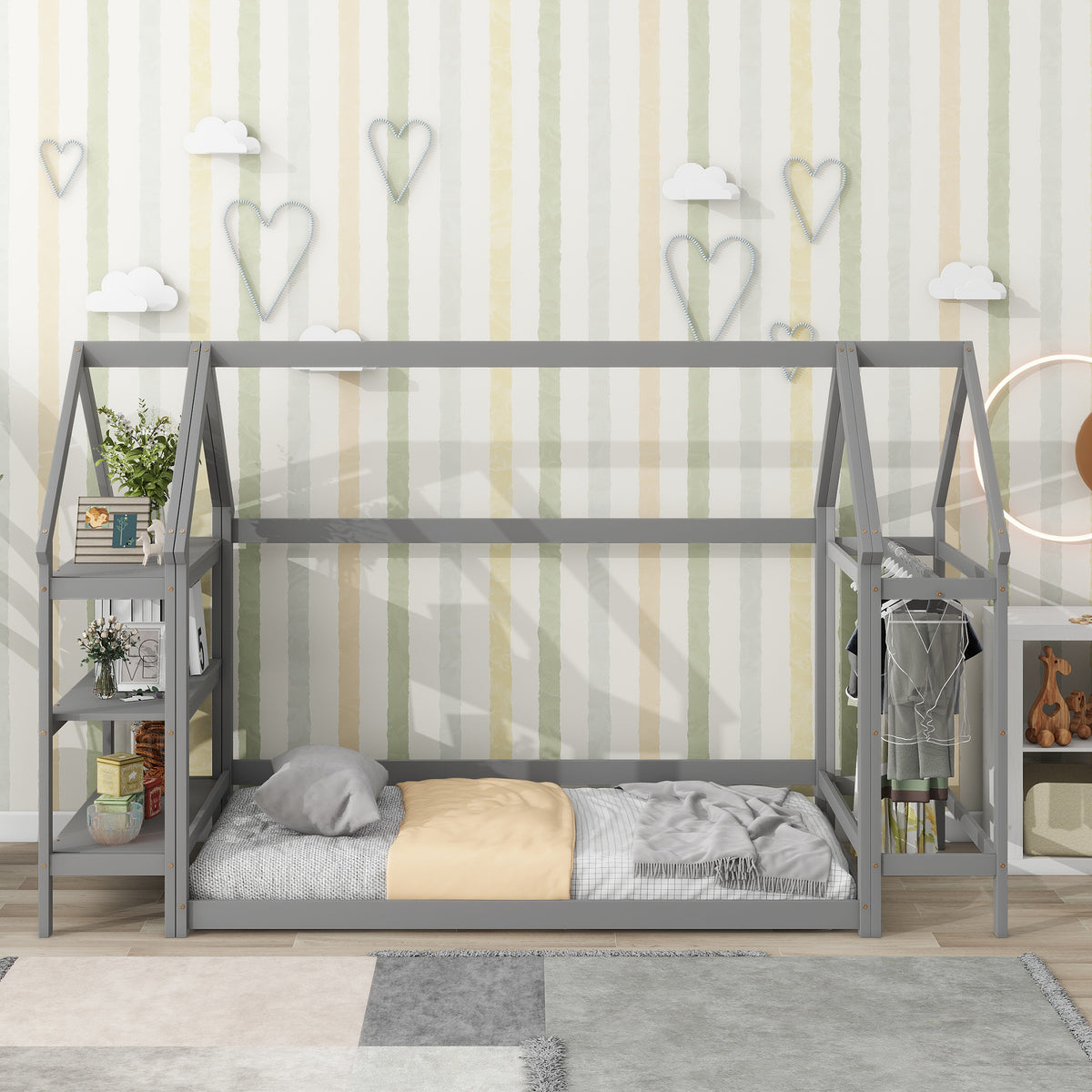 House Frame Platform Bed with Storage Gray