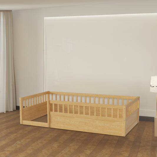 Natural Kids Floor Bed Frame with Fence