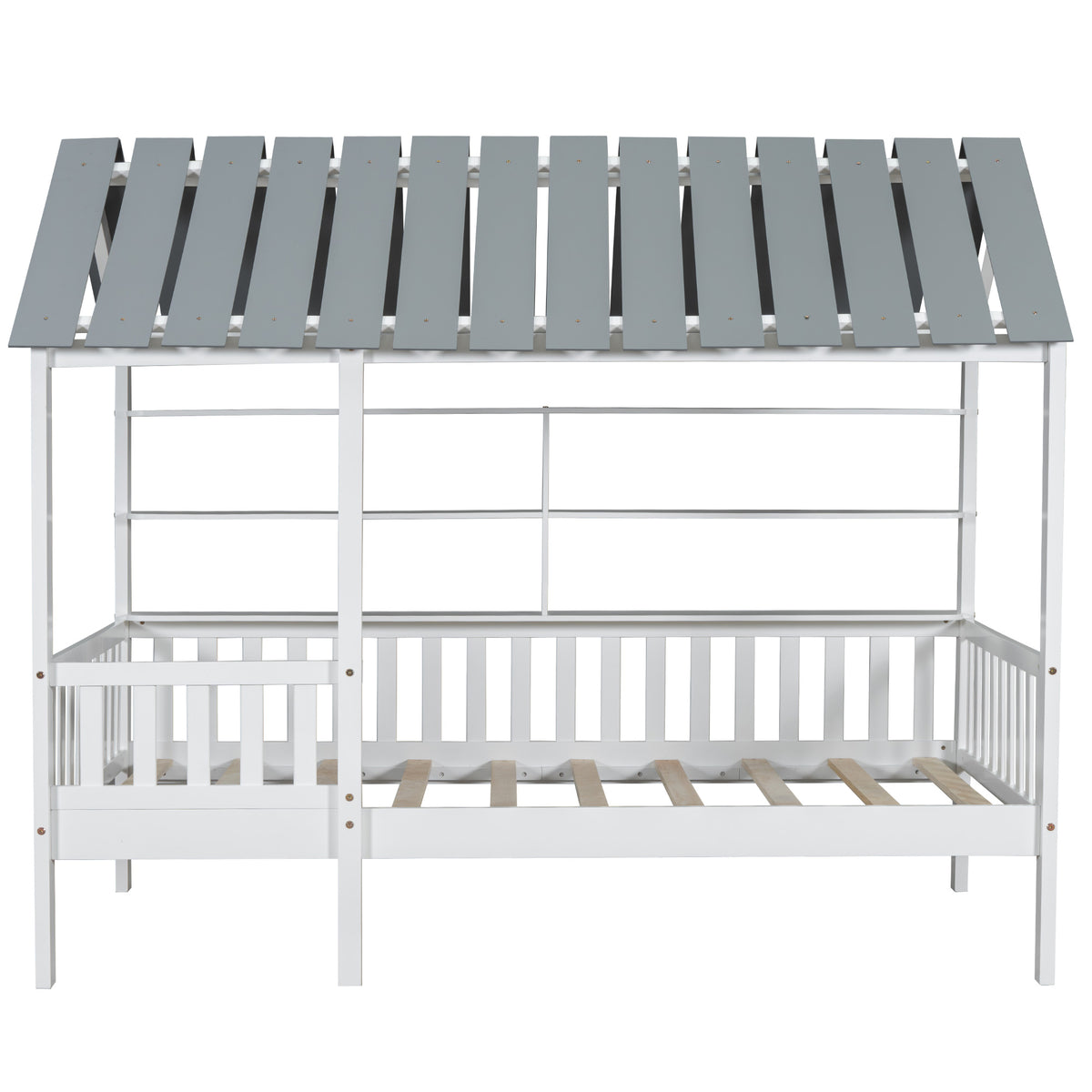House Bed with Roof and Guardrails White