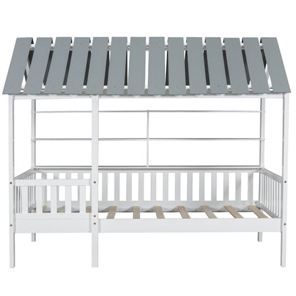 House Bed with Roof and Guardrails White