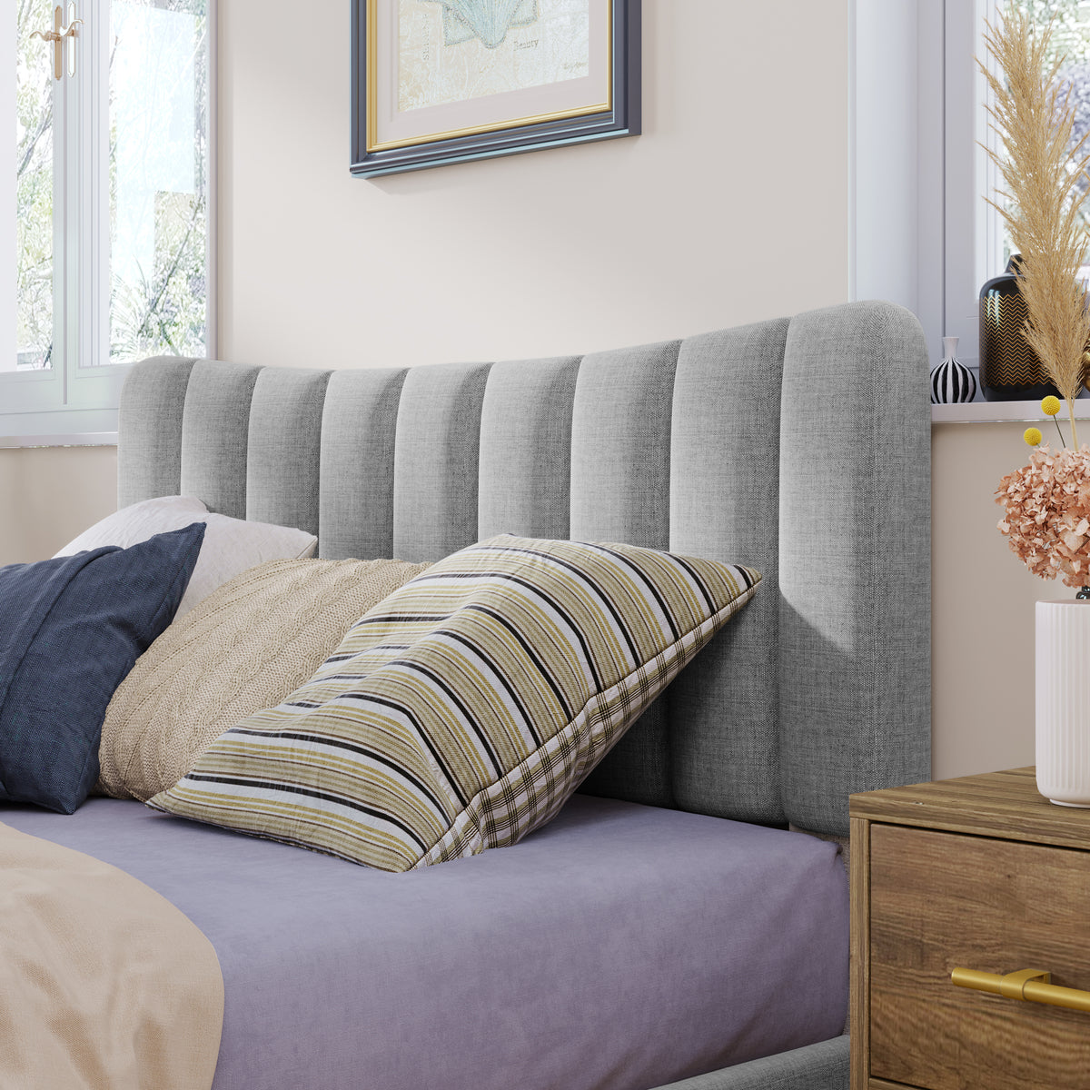 Upholstered Platform Bed with Vertical Channel Headboard Gray