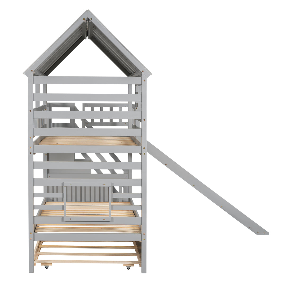 Twin Bunk Bed with Roof and Ladder Gray