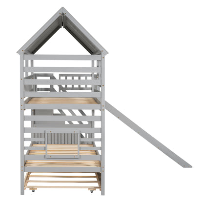 Twin Bunk Bed with Roof and Ladder Gray