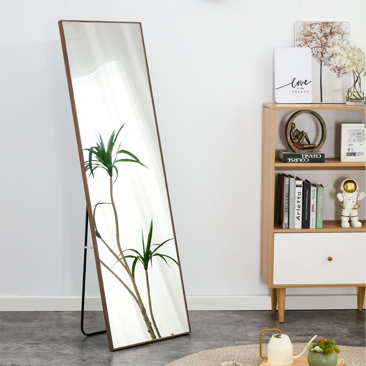 Brown Full-Length Floor Mirror Solid Wood Frame