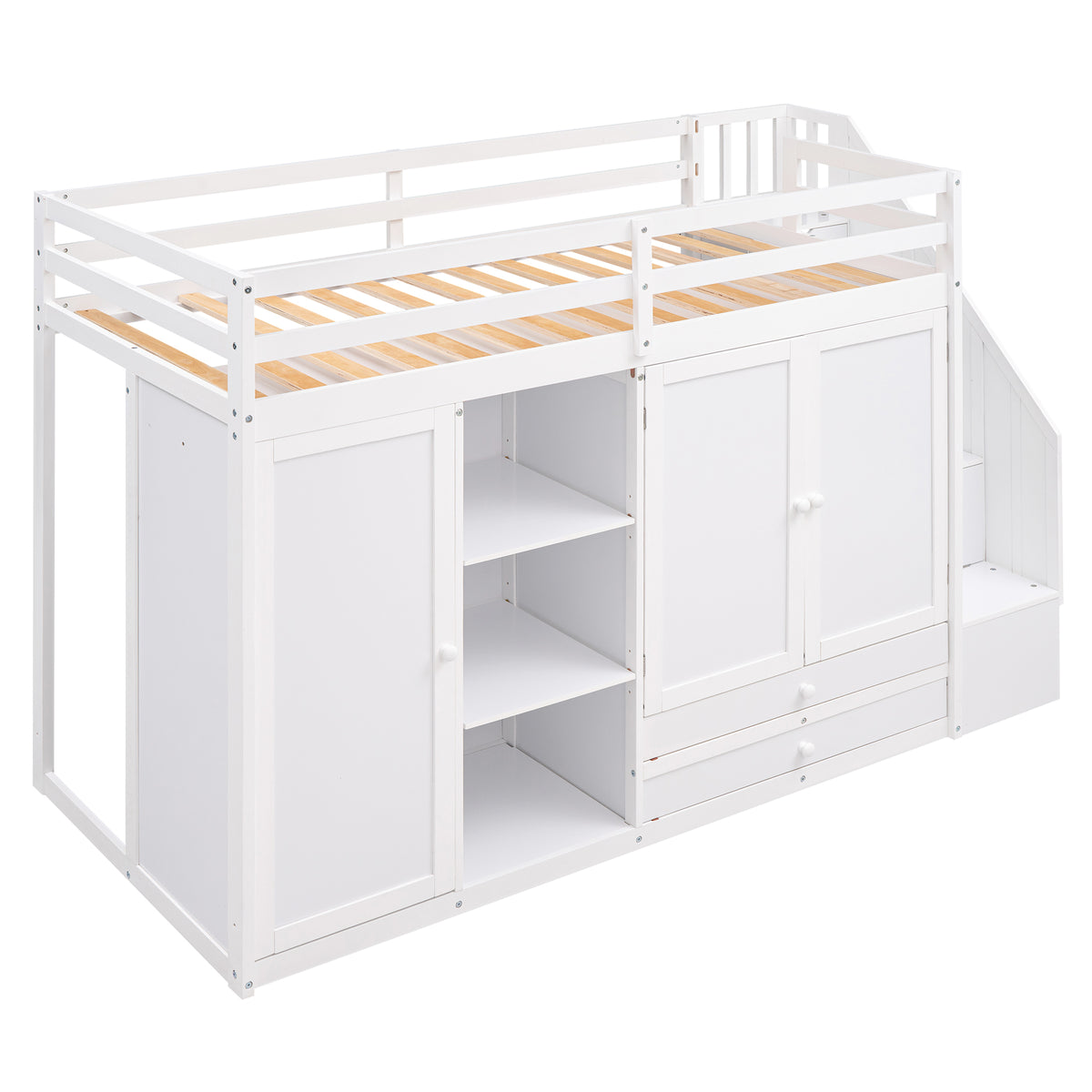 White Loft Bed with Storage and Ladder