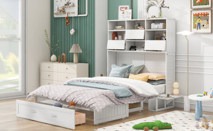 Queen Murphy Bed with Bookcase Storage – White