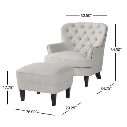 Light Grey Fabric Armchair with Ottoman