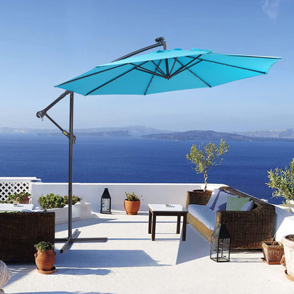 Blue 10ft Solar LED Patio Umbrella – 32 Lights with Crank & Tilt System
