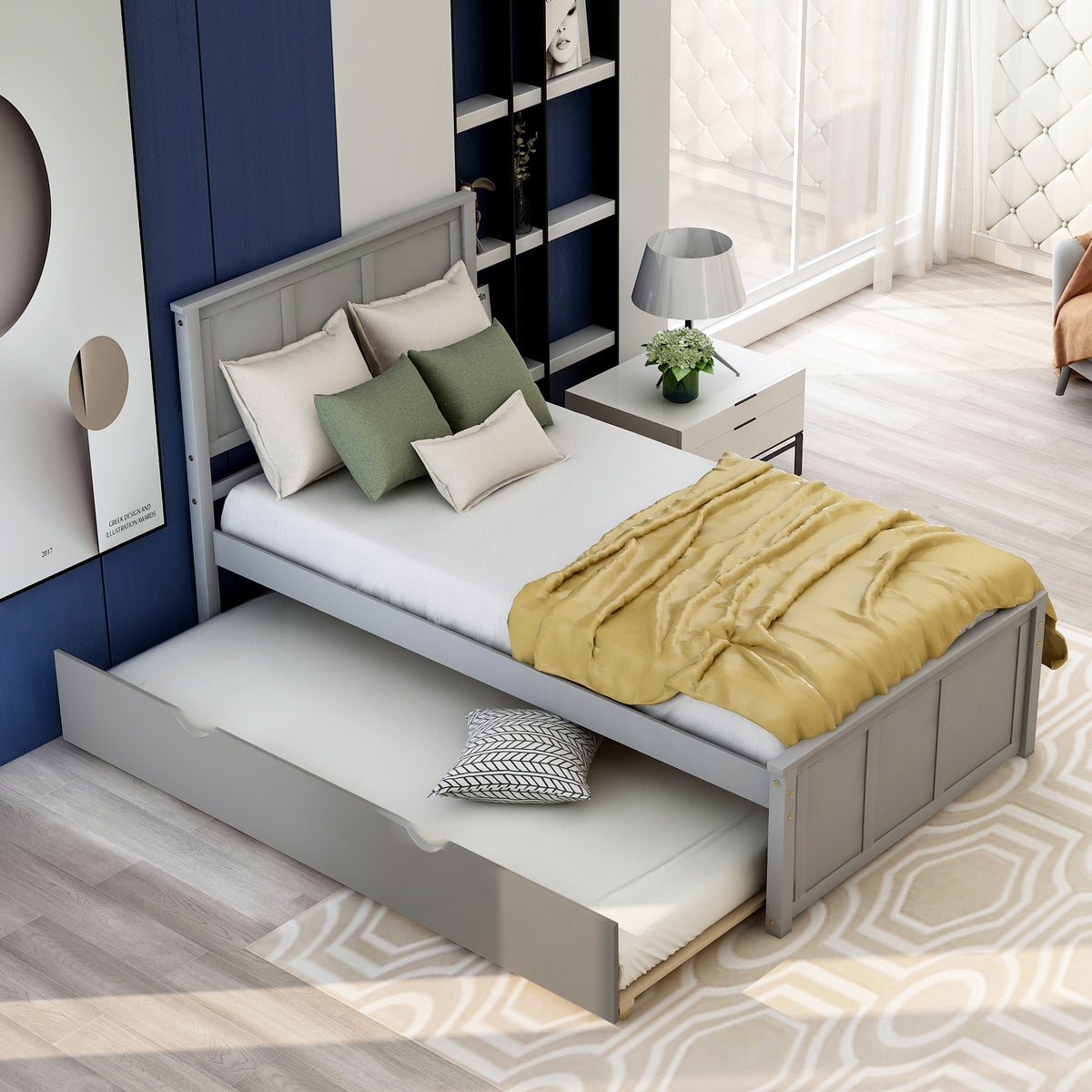 Twin Platform Bed with Trundle – Grey