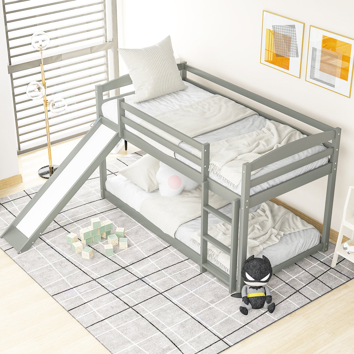 Twin Over Twin Bunk Bed with Slide Gray
