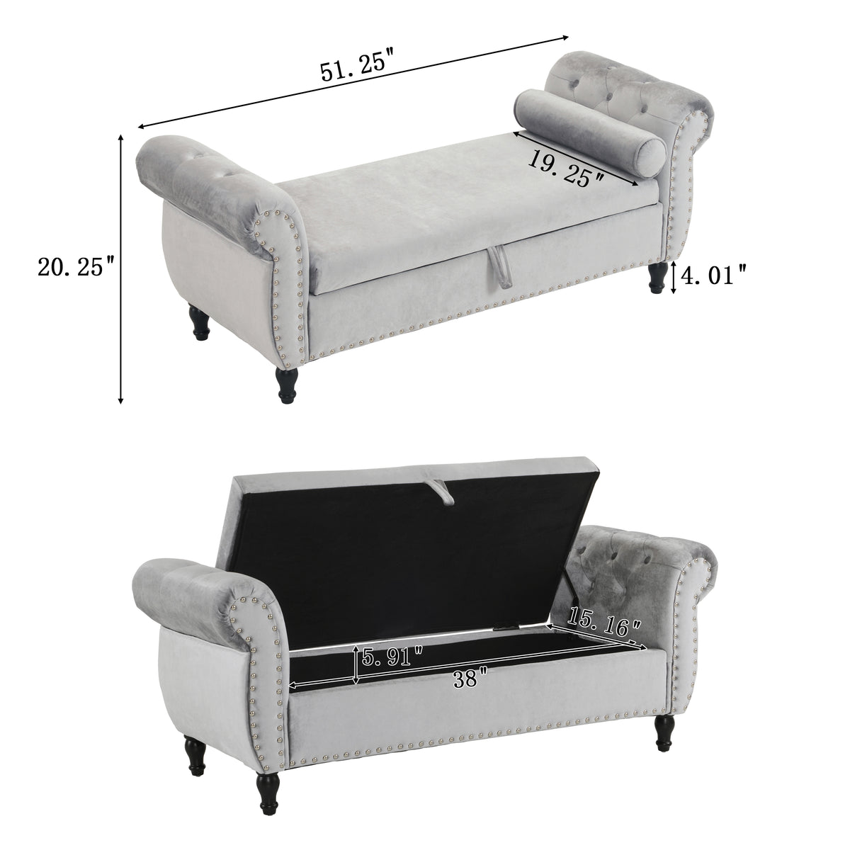 Velvet Storage Ottoman Bench Gray