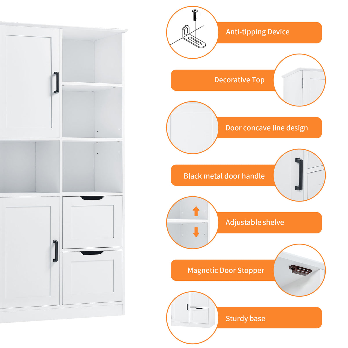 White Bathroom Storage Cabinet with Adjustable Doors
