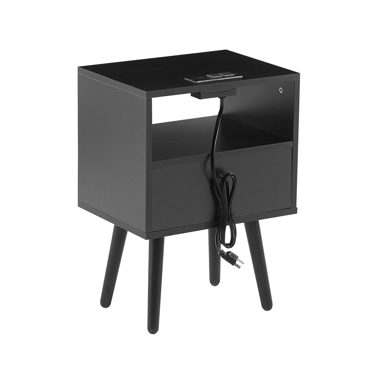 Rattan End Table with Drawer Black Legs